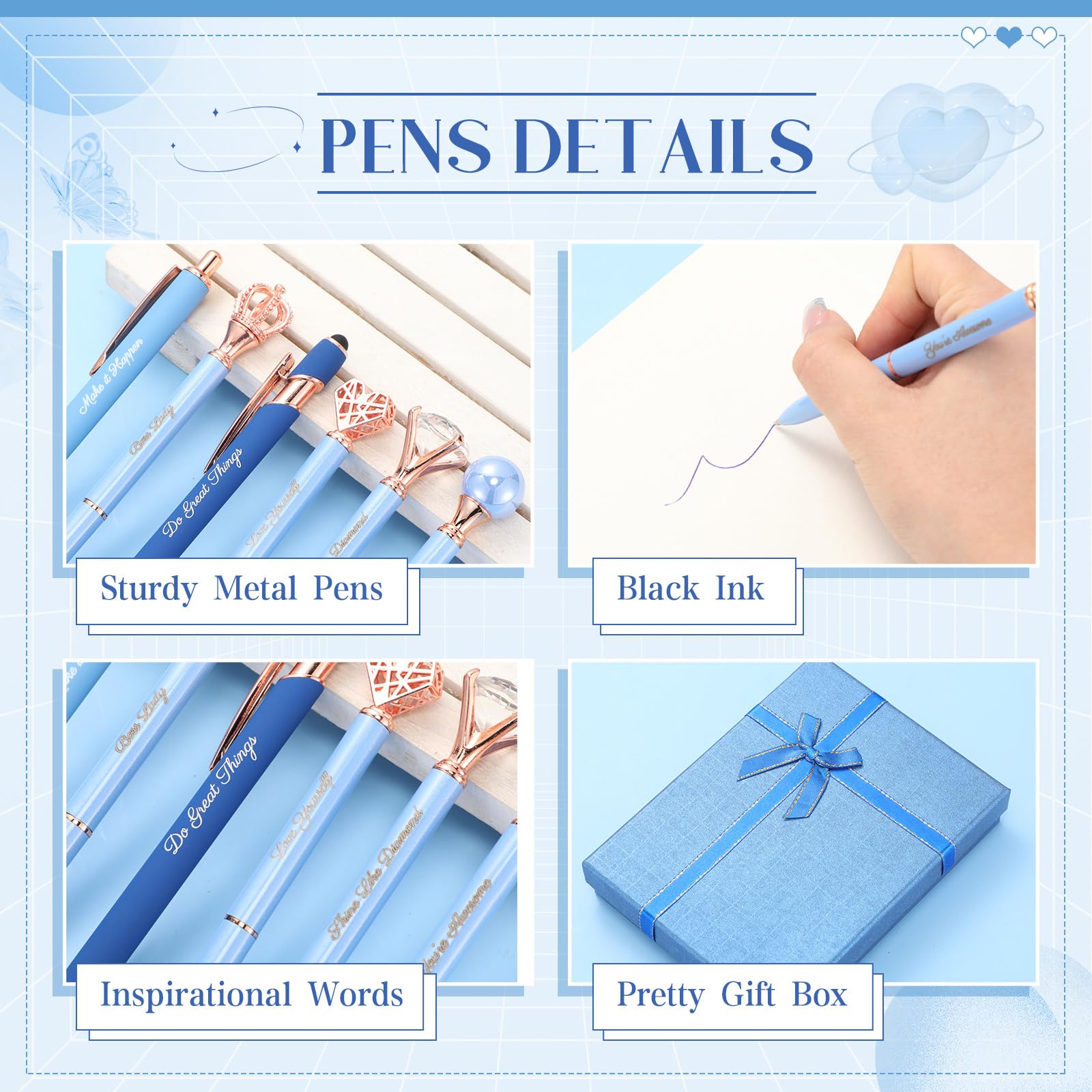 Qeeenar 6 Pcs Fancy Pens for Women Crystal Diamond Pen for Journaling Pretty Glitter Ballpoint with Box Inspirational Gifts for Women Girls College Students Cute Back to School Gifts(Dark Blue)
