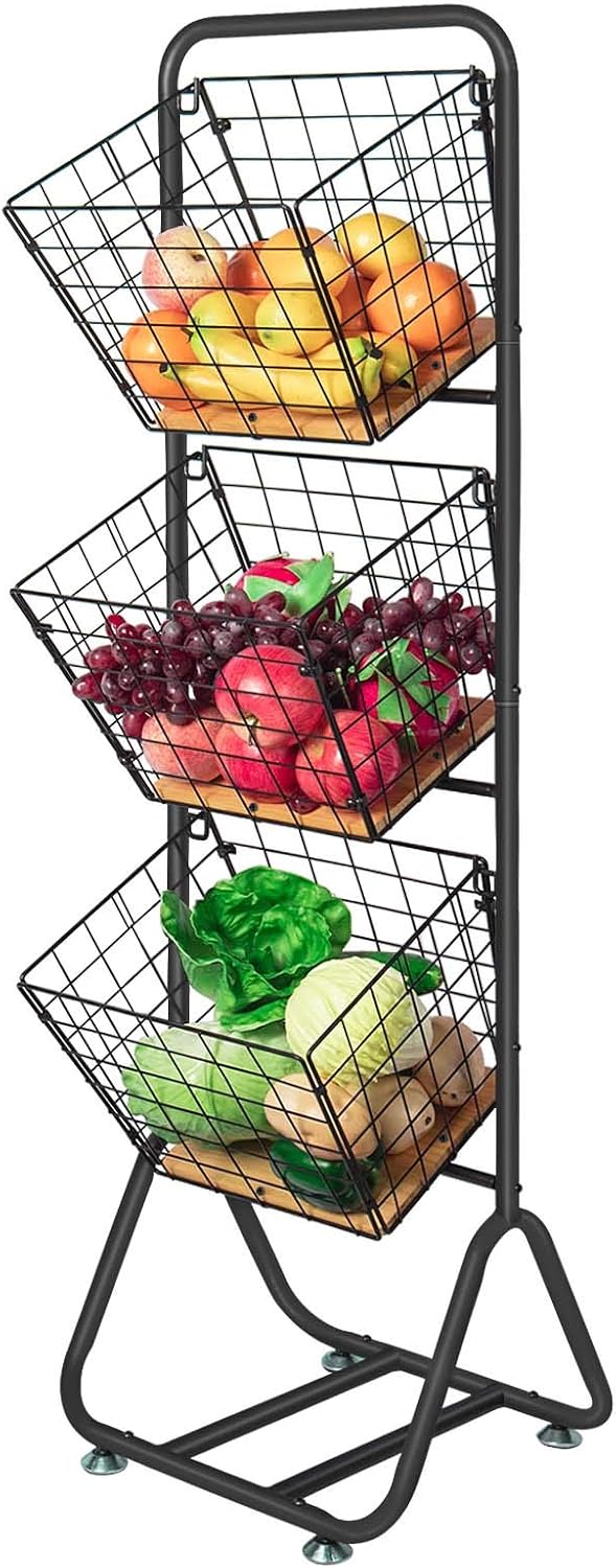 X-cosrack 3-Tier-fruit-Wire-Market-Basket-Stand Kitchen Snack Vegetable Metal baskets Storage Tiered Wire Basket Organizer Free-Standing for Fruit Vegetable Storage Pantry Bathroom