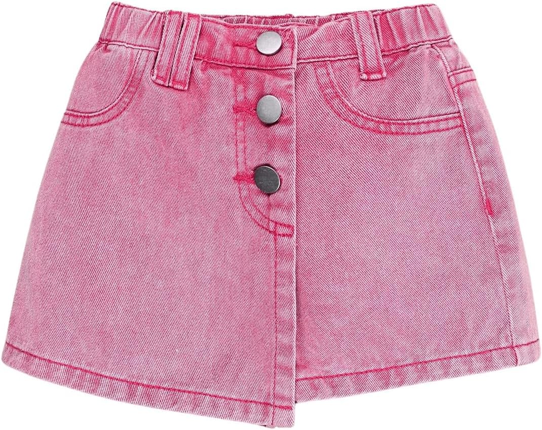 WDIRARA Girl's Wrap Button Front Asymmetrical Hem Denim Skort High Waist Skirt Shorts