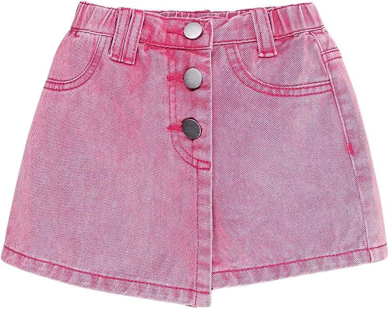 Girl's Wrap Button Front Asymmetrical Hem Denim Skort High Waist Skirt Shorts