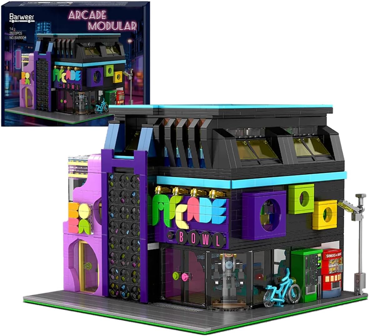 Arcade Modular Building Blocks Set with LED Lights, Cyberpunk Retro Arcade Bowl Street View Bricks, Collectible Construction Toy for Adults & Teens 14+,Barweer004 (2600PCS)