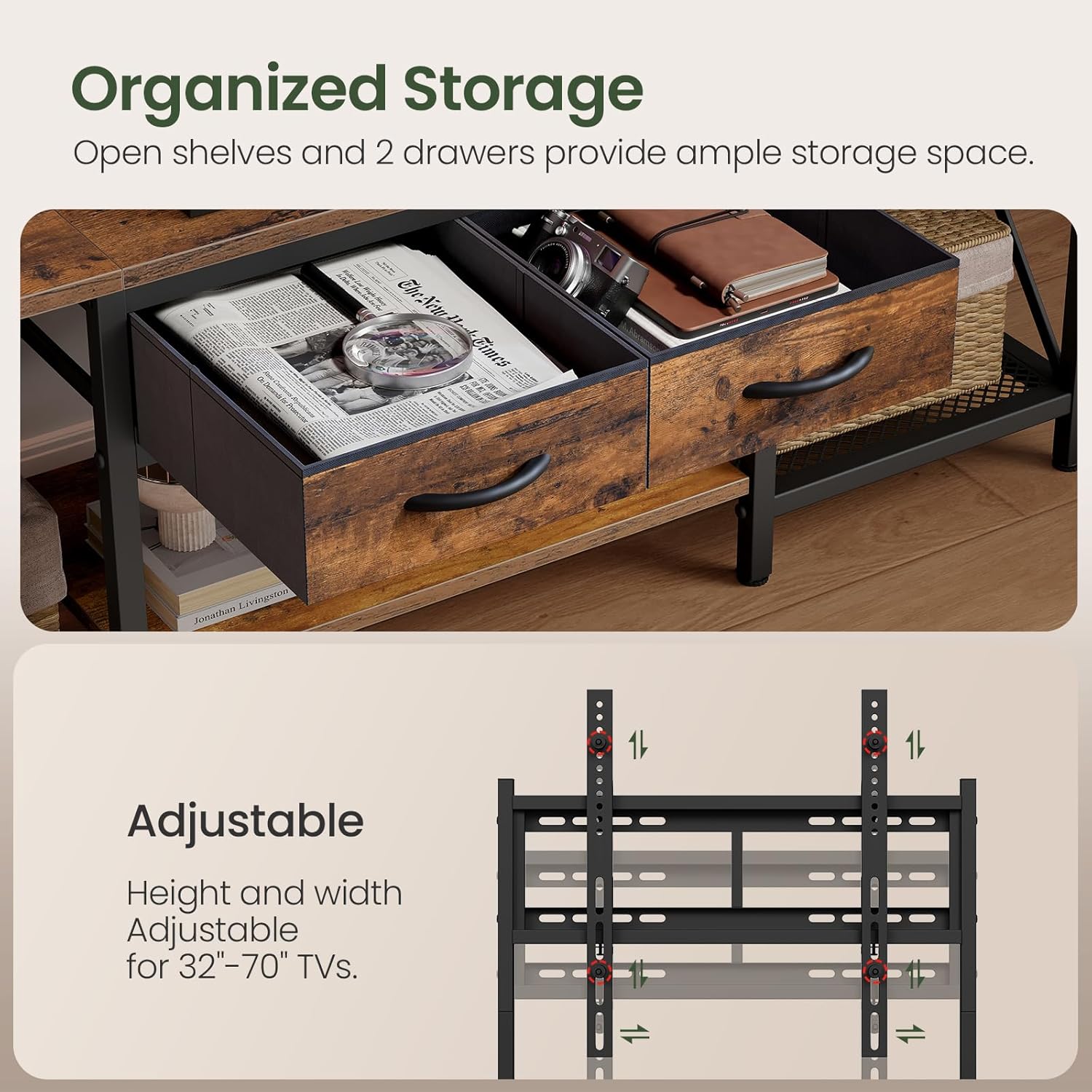 TV Stand with Mount, Power Outlet and LED Light, Entertainment Center, Adjustable TV Stand, for 32-70 inch TVs, 2-Tier Storage, for Living Room, Bedroom, Rustic Brown and Black TDS13UDBF