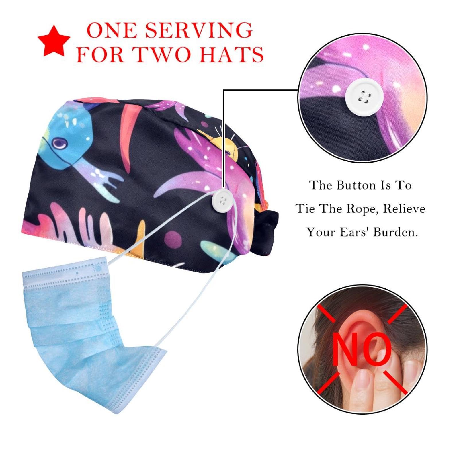 2 Pcs Rainbow Axolotl Pattern Working Cap with Buttons Sweatband Adjustable Hats Tie Back Hats