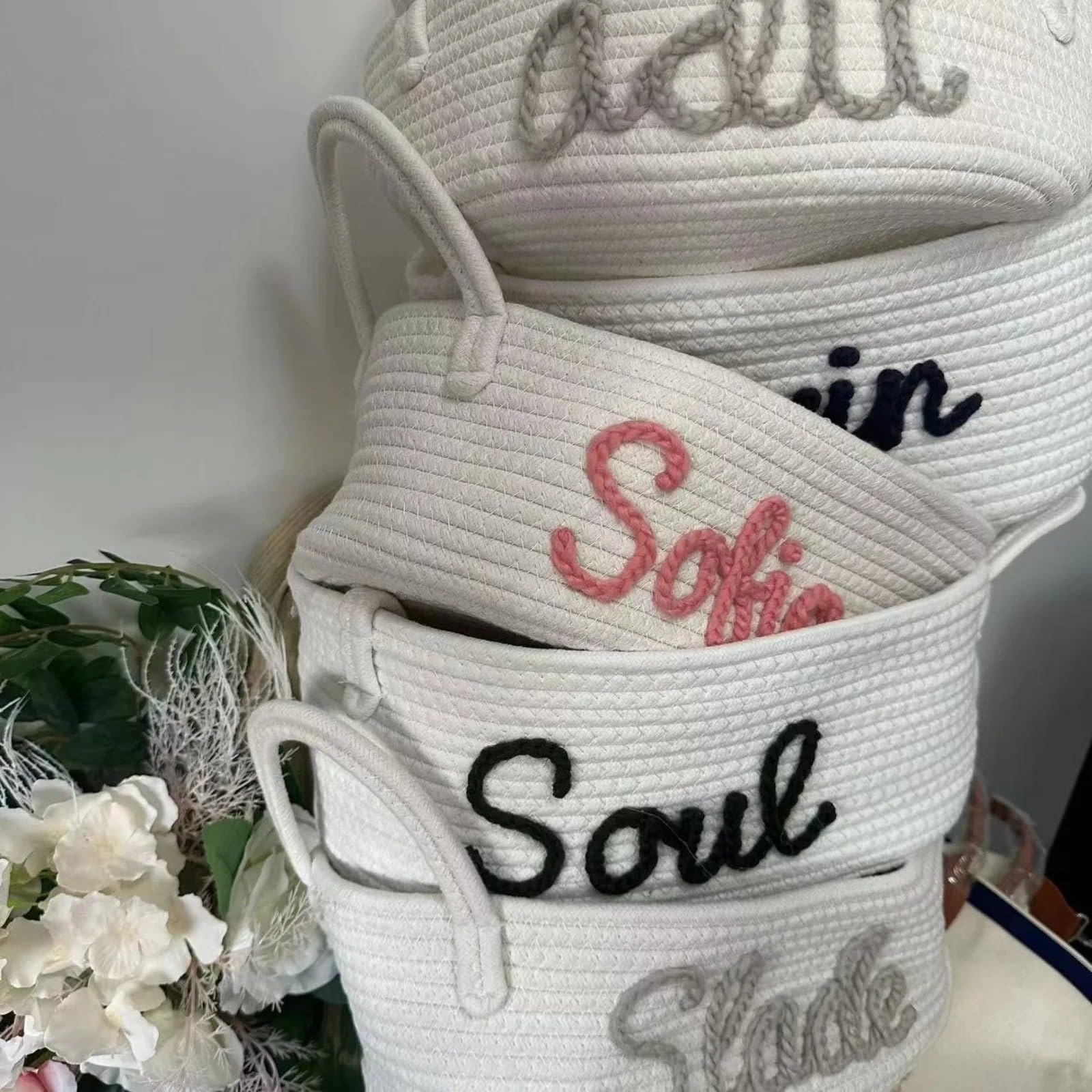 Zhongzhi Custom Name Basket with Multi-Colour Knitted Yarn, Custom, Gift for Baby, Pet Basket, Toy Basket. (36x25x16cm)