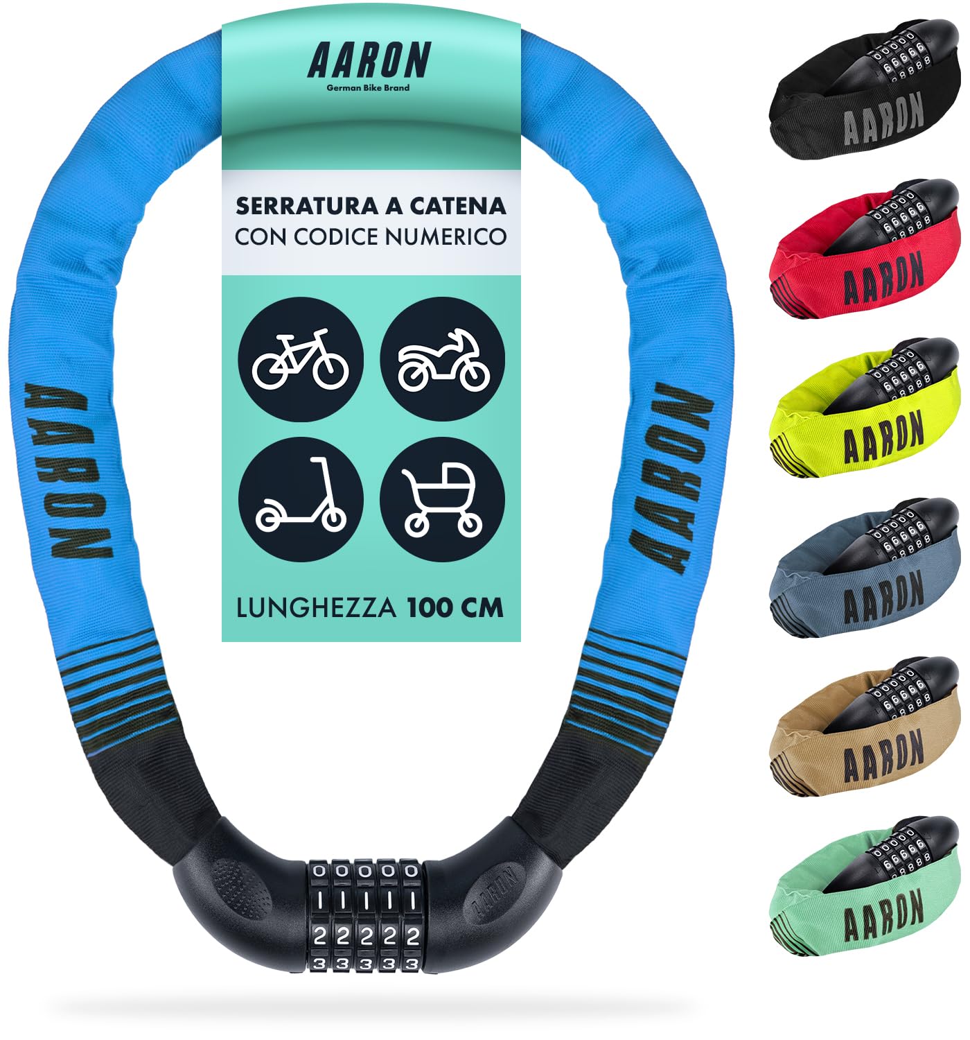 AARON Lock One - Catena antifurto per bicicletta con codice a 5 cifre - lucchetto in metallo e alta sicurezza - per bici elettrica, mountain bike, da trekking, da turismo, da corsa, veicoli elettrici