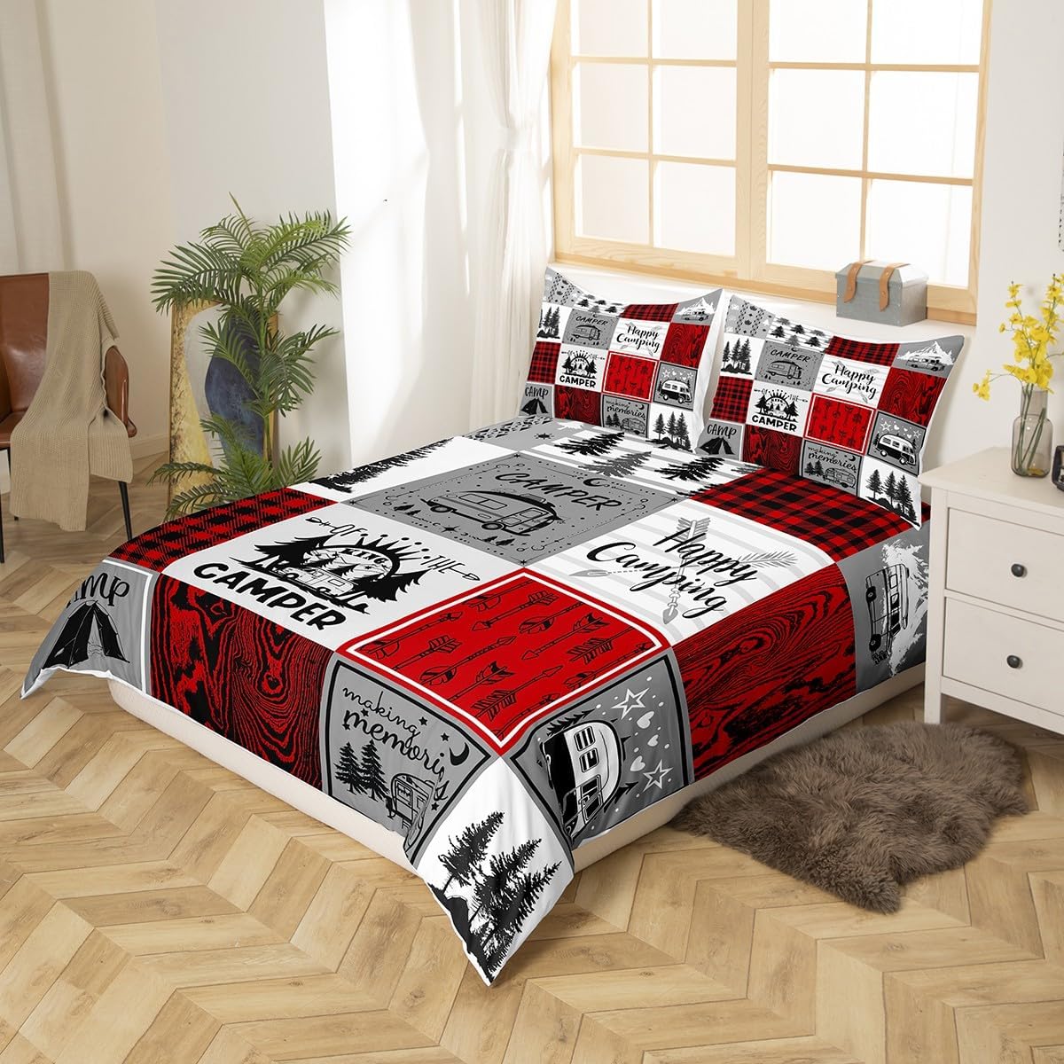 Erosebridal Camper Queen Bedding Sets Rv Camping Comforter Cover Rustic Buffalo Plaid Duvet Cover Camper Accessories for Travel Trailers Bunk Country Camping Quilt Cover Red Black Grey