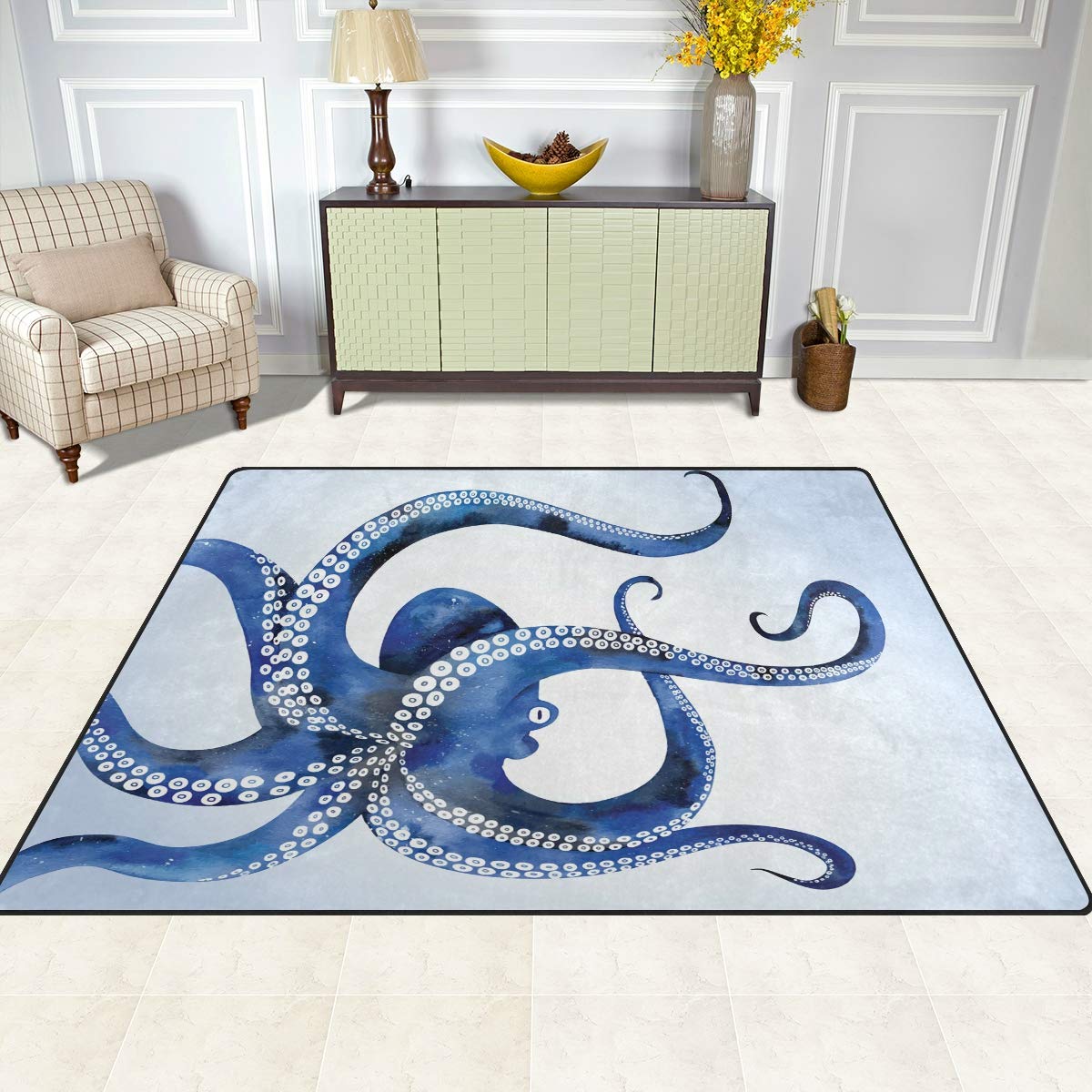 ALAZA Blue Marine Kraken Octopus Area Soft Non Slip Floor Mat Washable Carpet for Bedroom Living Room One Piece 5x7 Feet