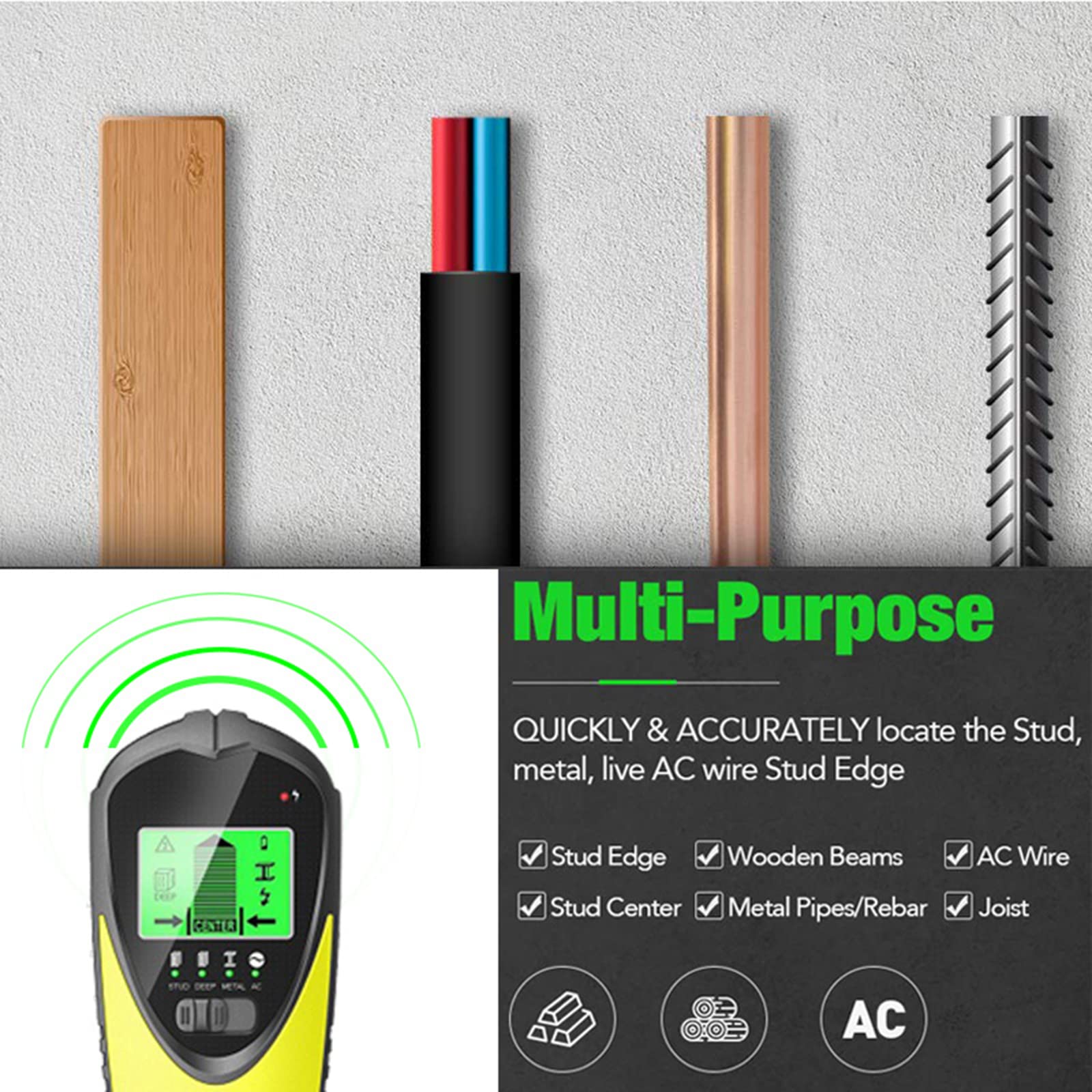 Rilevatore Da Parete 4 In 1 Per Legno, Metallo, Cavi E Corrente – Scansione Prospettica, Sensibilità Fino A 120 Mm, Con Spegnimento Automatico