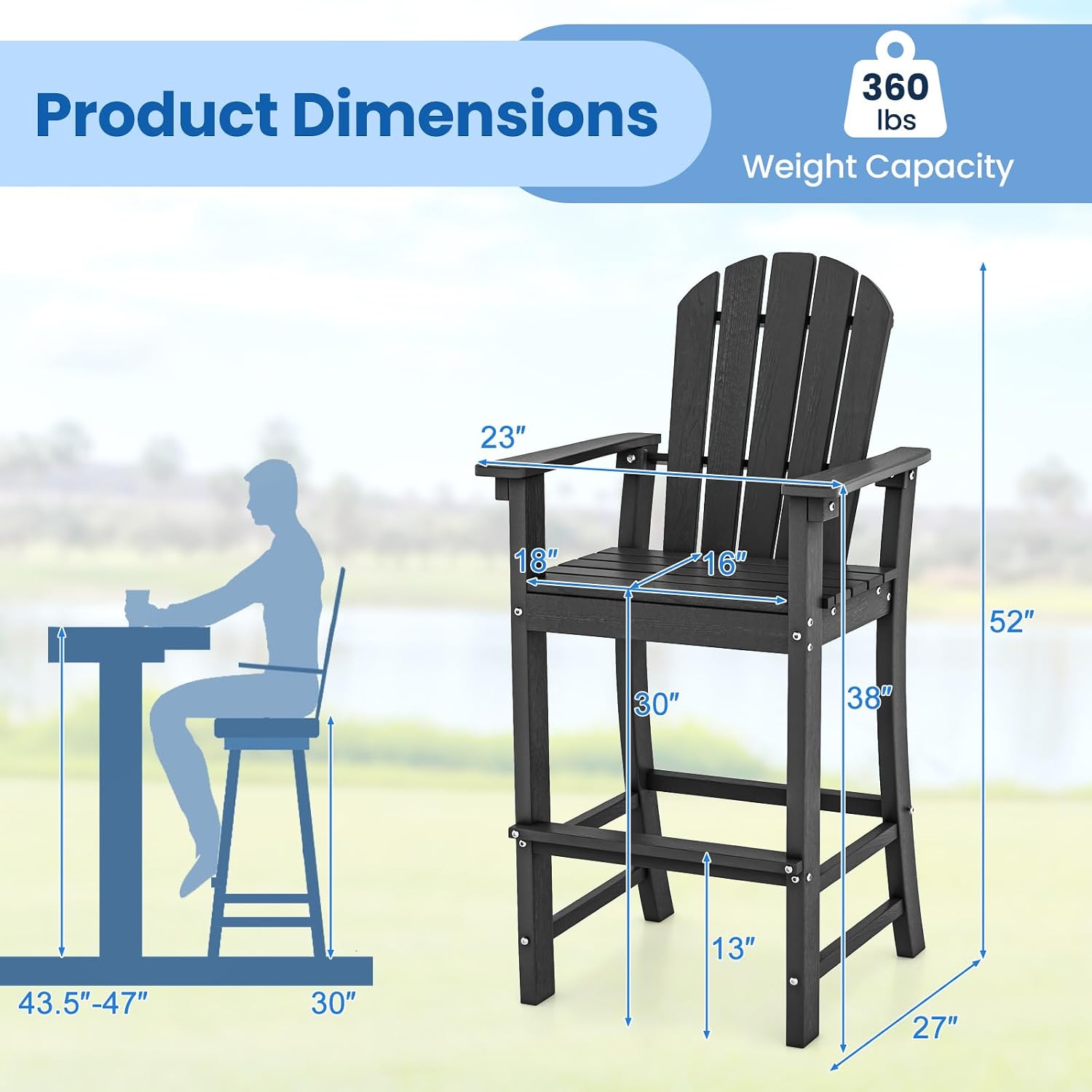 Tangkula Outdoor Tall Adirondack Chair 30 Inches Seat Height, HDPE Bar Height Patio Chair with High Backrest, Armrests and Footrest, Outdoor Bar Stool for Balcony Deck Garden Poolside (2, Black)