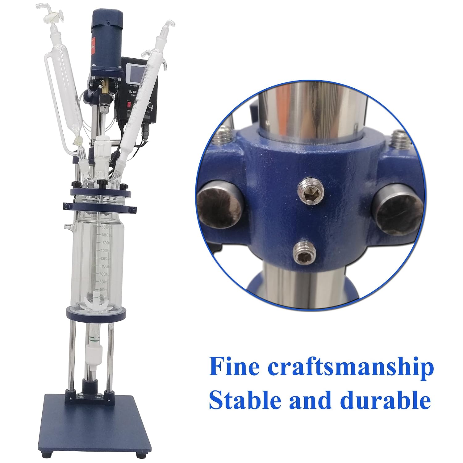 Glass Reactor Chemical Glass Jacketed Reactor Vessel Digital Display Vessel Device Double-Layer Lab Reactor with Support Frame Adjustable Speed for Lab Reaction Distillation 2L 110V