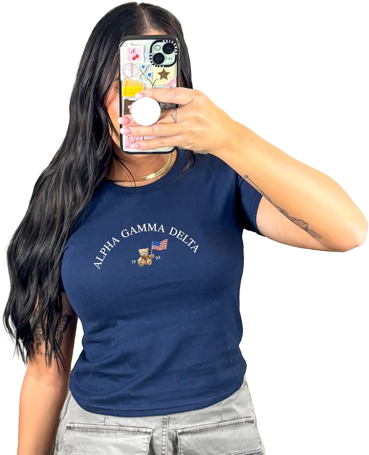 Go Greek Chic Sorority Teddy Bear with Flag Baby Tee Navy