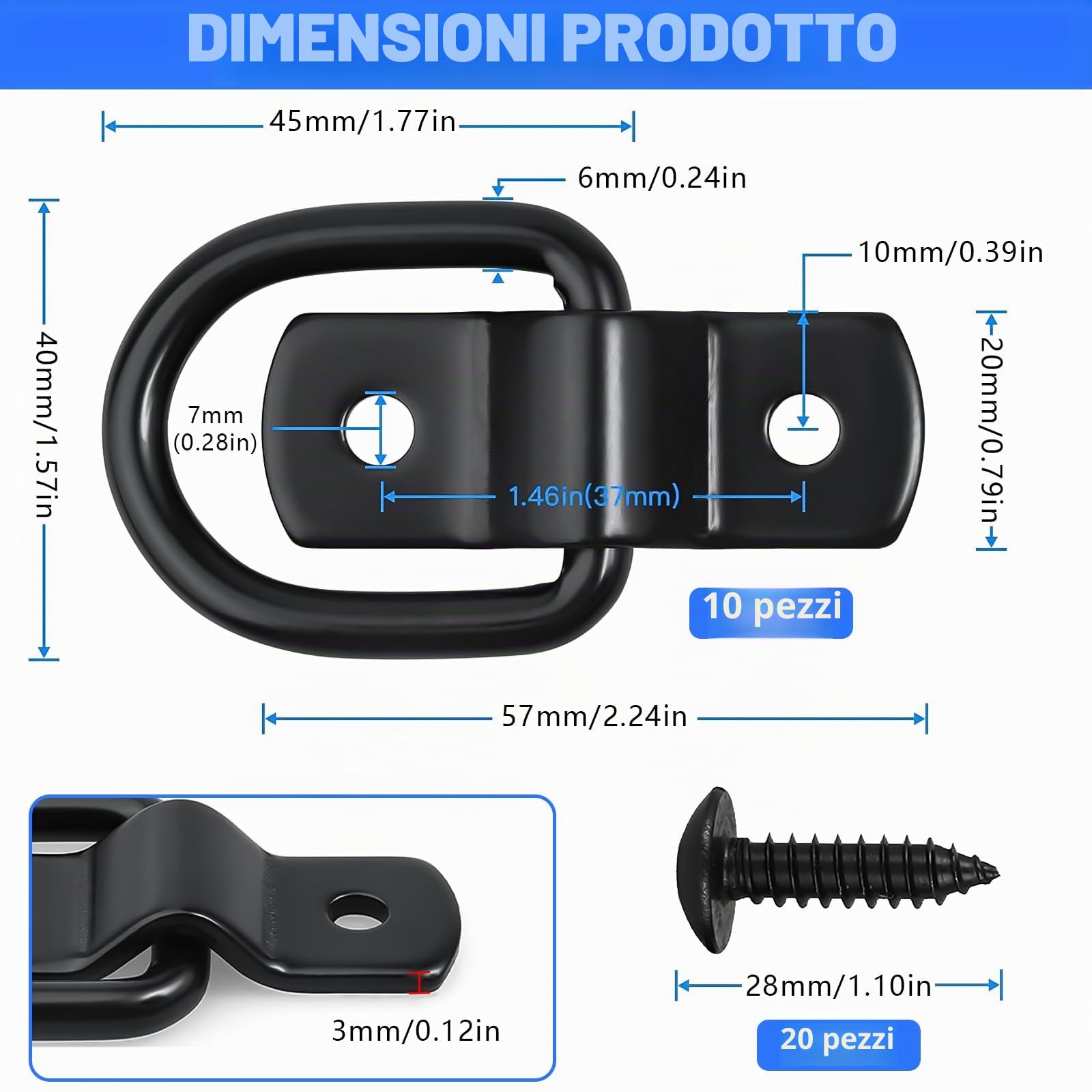 10 Pezzi D Anello di Ancoraggio, Ganci Ad Anello a D Carico 400 Chilogrammi, con 20 Viti per Fissare Carichi in Auto, Kayak, Rimorchi (Nero)