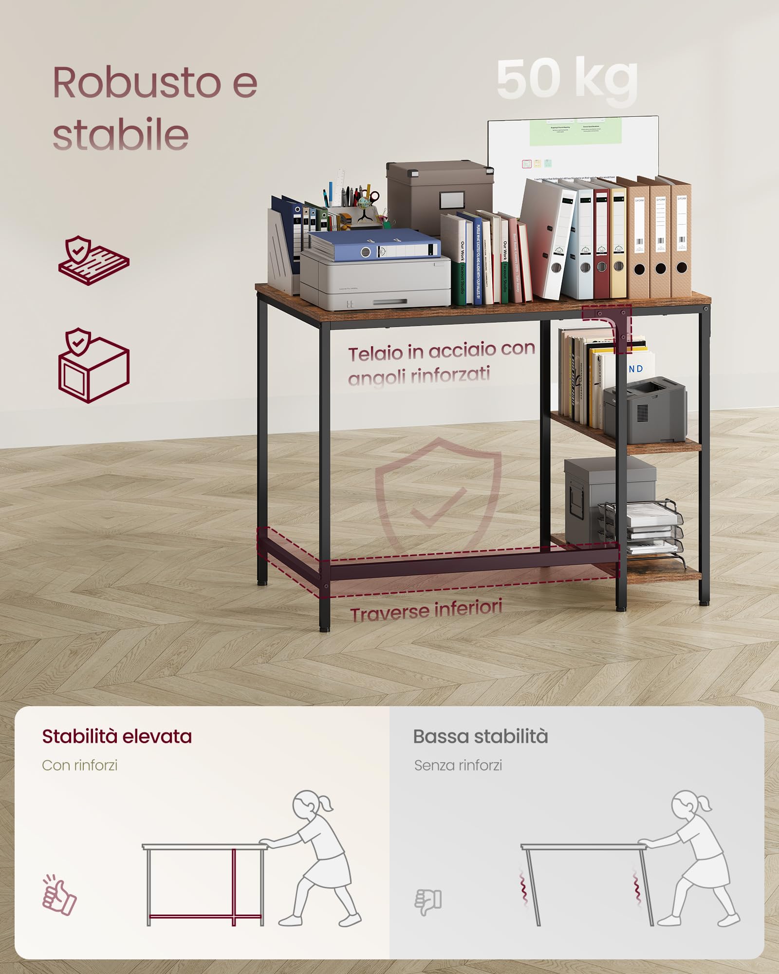 VASAGLE Scrivania per Computer, Scrittoio, Moderno, Tavolo da Lavoro, per Ufficio Camera da Letto Soggiorno, 100 x 50 x 76 cm, Marrone Vintage e Nero LWD046B01