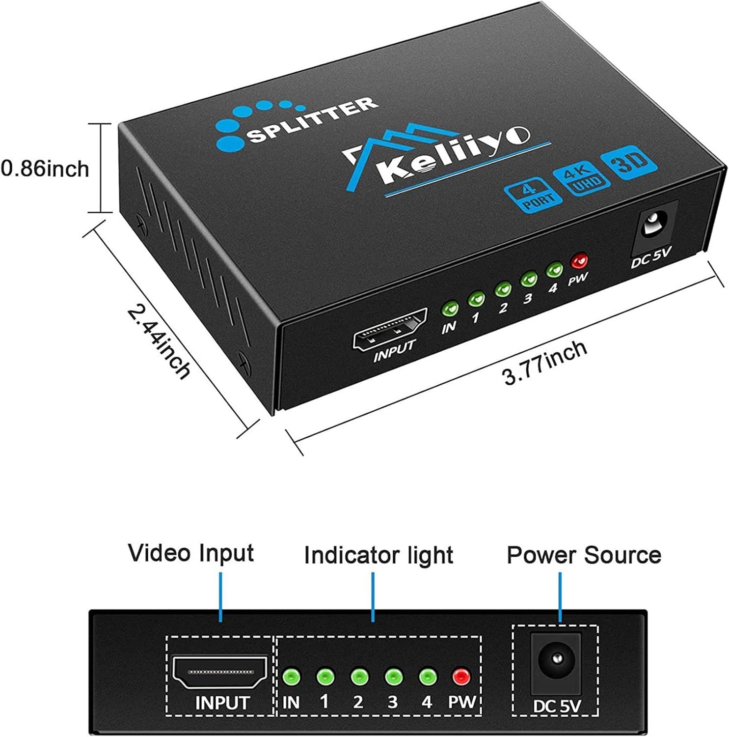 Special HDMI Splitter 1 in 4 Out - KELIIYO 4K Hdmi Splitter 1x4 Ports Powered HDMI Splitter Supports 3D 4K@30HZ Full HD1080P for Xbox PS4 PS3 Fire Stick Roku Blu-Ray Player Apple TV HDTV (1 Input 4 Output)