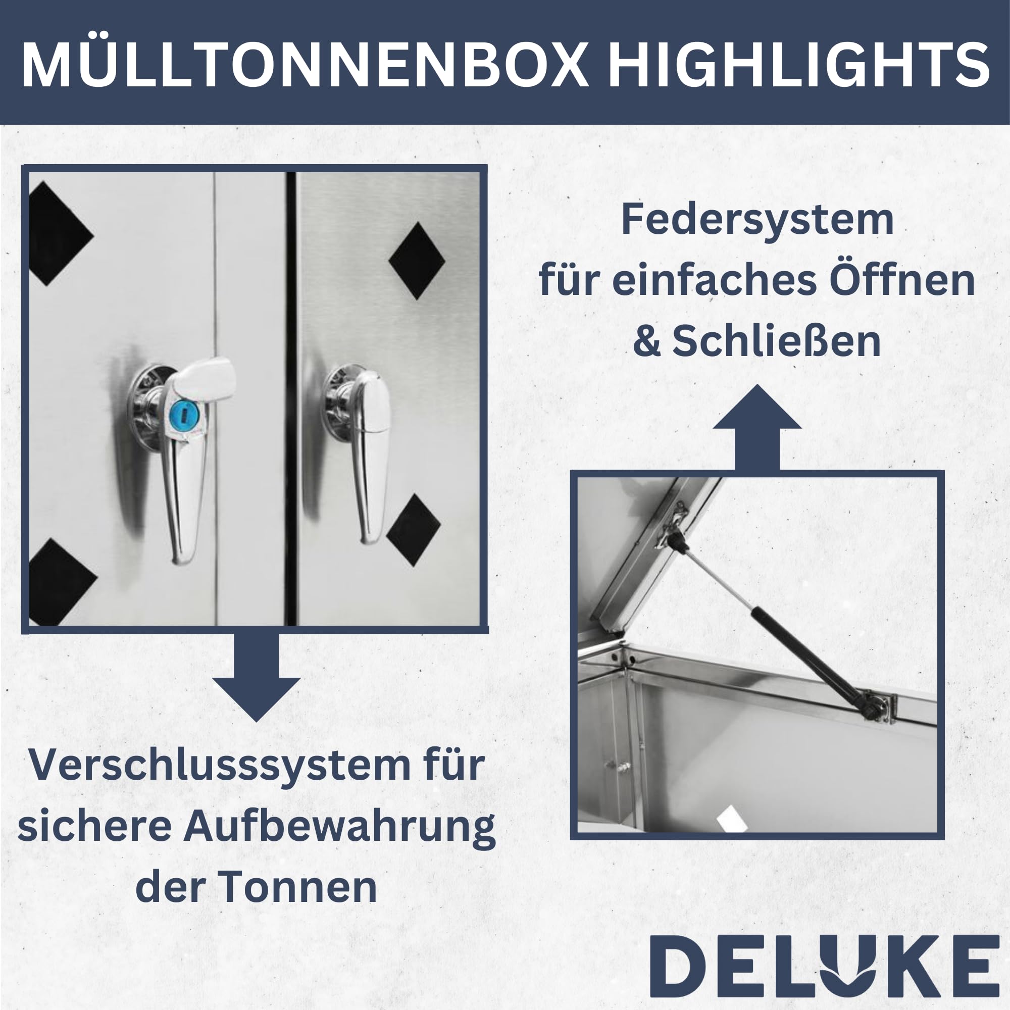 DELUKE 3er Mülltonnenbox SOGI Edelstahl | 207x115x77,5cm Silber | Mülltonnenverkleidung für 3 Tonnen 240L Müllbox aus Metall Mülltonnenschutz Mülltonnendach