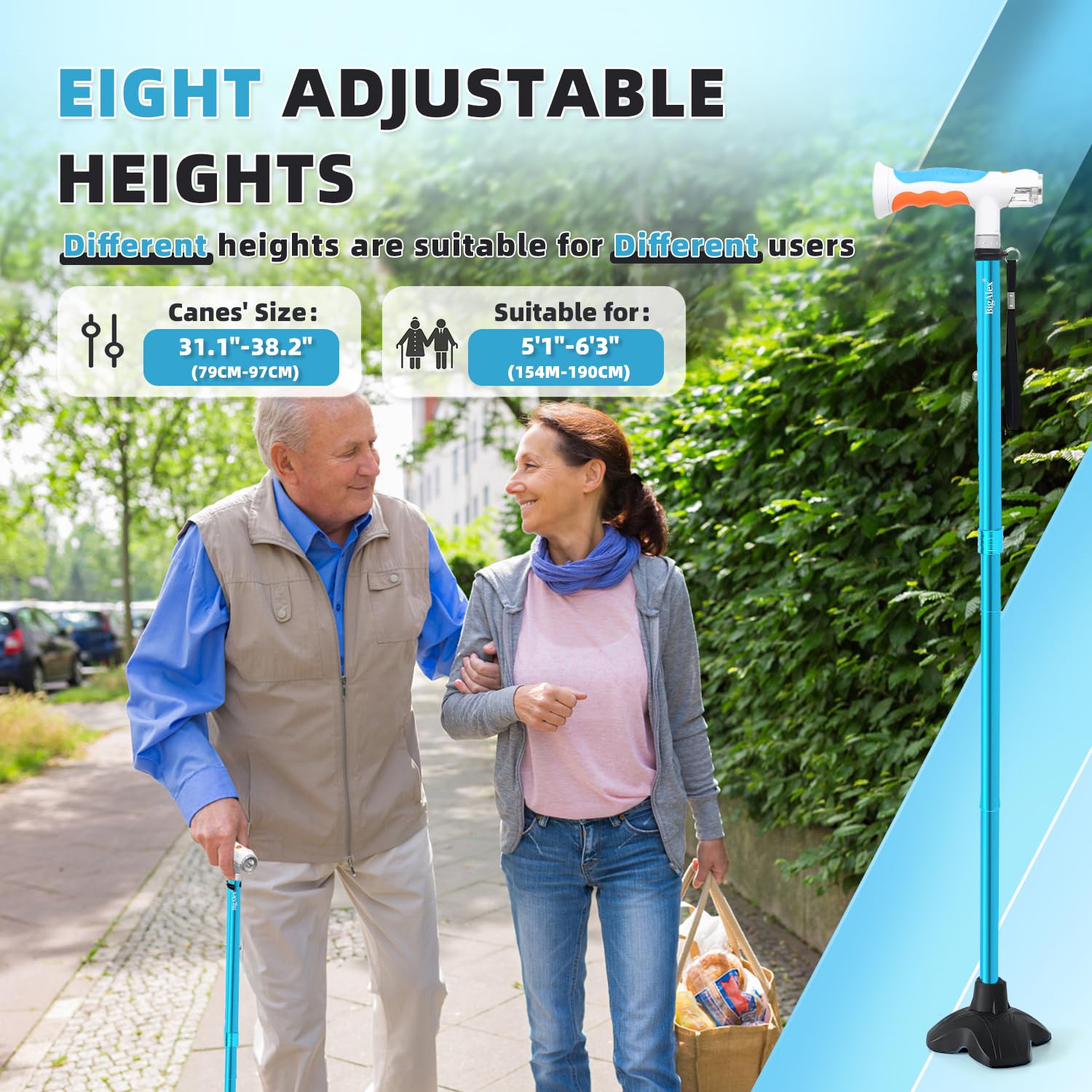 BigAlex Canne de Marche Double Lumière pour Dames et Messieurs - Pliable, Réglable en Hauteur, Quadruple Base Antidérapante, Éclairage LED Intégré, Cannes de Marche pour Les Hommes et Les Femmes