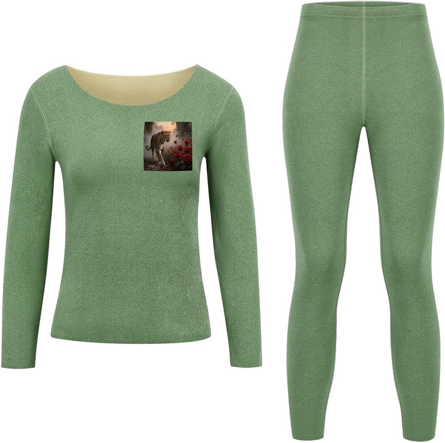 Women's Red Rose Flower And Cheetah Thermal Underwear Set Soft Long Johns Base Layer Top & Bottom for Cold Weather
