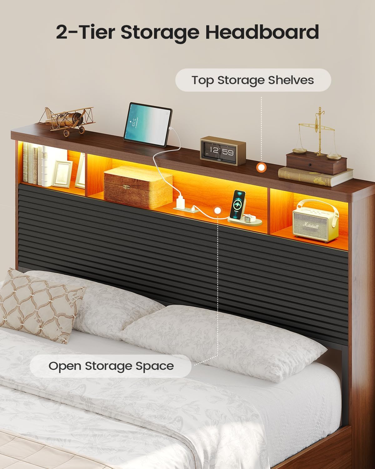 MSmask Queen Bed Frame with Bookcase Storage Headboard, Wooden Bed Frame with LED Light, Charging Station, and 4 Drawers, Mid Century Modern Platform Bed, No Box Springs Needed, Black and Brown