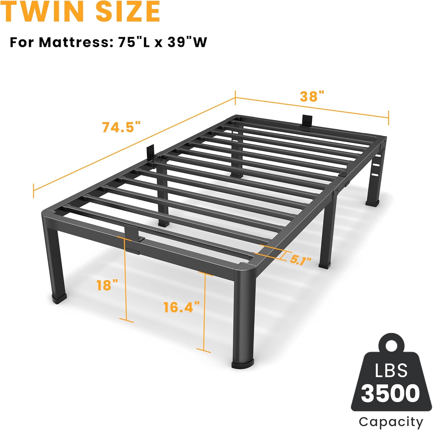 18 Inch Twin Size Metal Platform Bed Frame with Round Corners, Storage Space Under High Bed Frame-Heavy Duty Steel Slats Support, Noise Free - Easy Assembly - No Box Spring Needed - Image 3