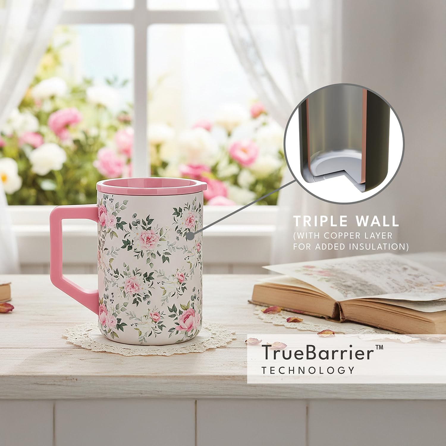 Elemental Insulated Coffee Mug - Triple-Wall Stainless Steel Summit Travel Cup for Hot and Cold Drinks - Thermal Coffee Mug with Lid and Handle for Camping, Office & Travel 16oz - Rose Garden - Image 7