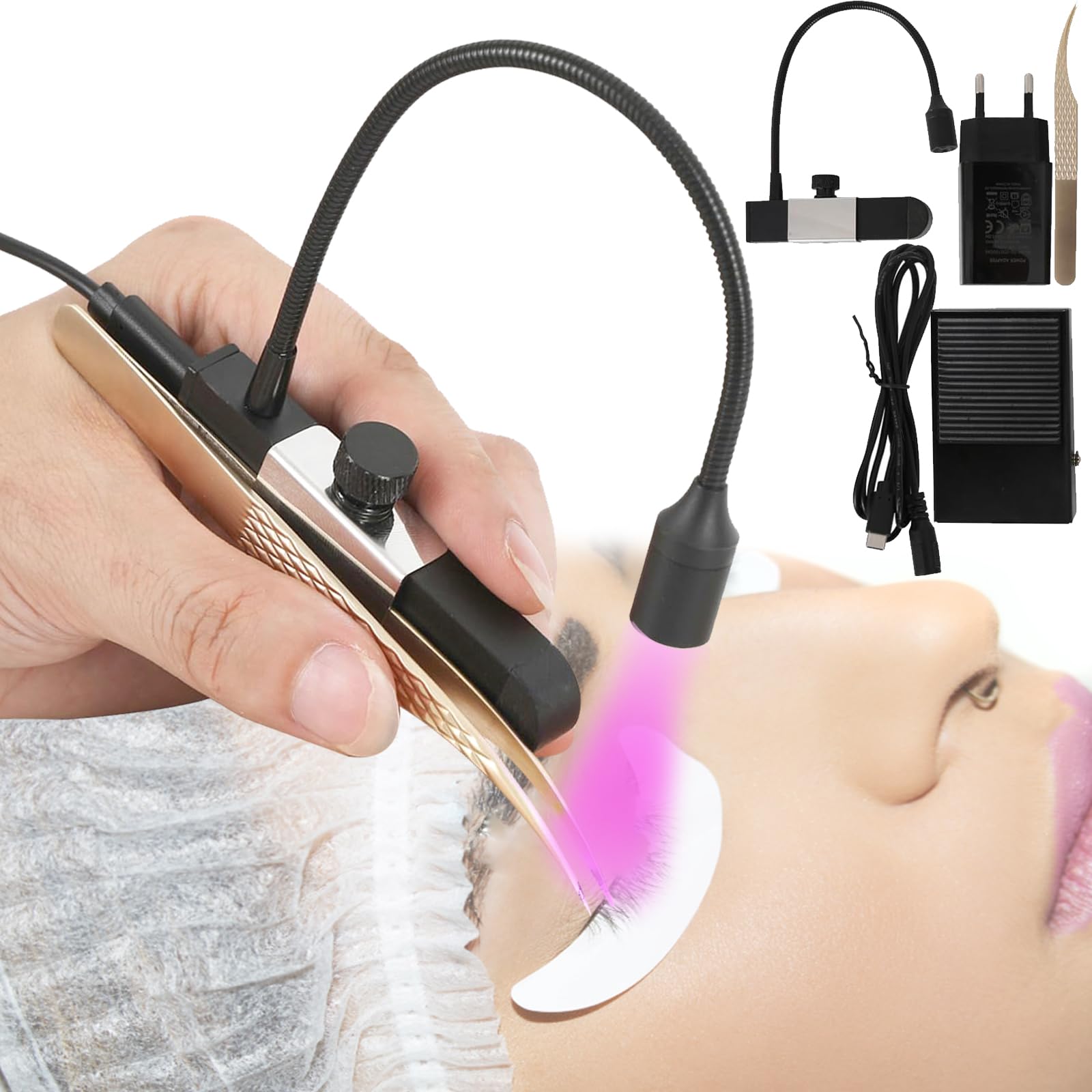 Wimpern Lampe, 1.8W Wimpernlampe UV-Licht Handheldnagelheilungslampe für Lichthärtenden Wimpernlicht für Wimpernverlängerungen mit Fußschalter Pinzetten Schwanenhals 1-3 Sekunden Ausgehärtet
