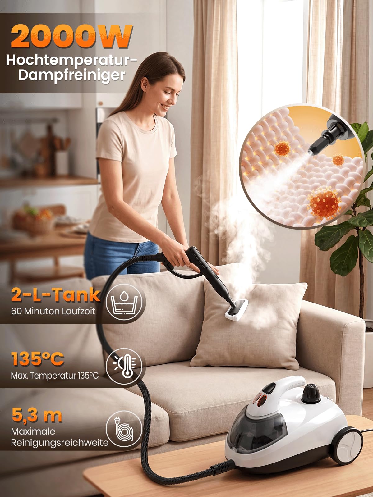 Dampfreiniger für Alles, 2000W mit 2L Tank, 16 Zubehörteilen, Weiß | Multifunktionaler Haushaltsreiniger 135°C Heißdampf, 60 Min Dampf, 5,3 m Reichweite, für Bad, Fliesen, Fugen, Sofa und Auto