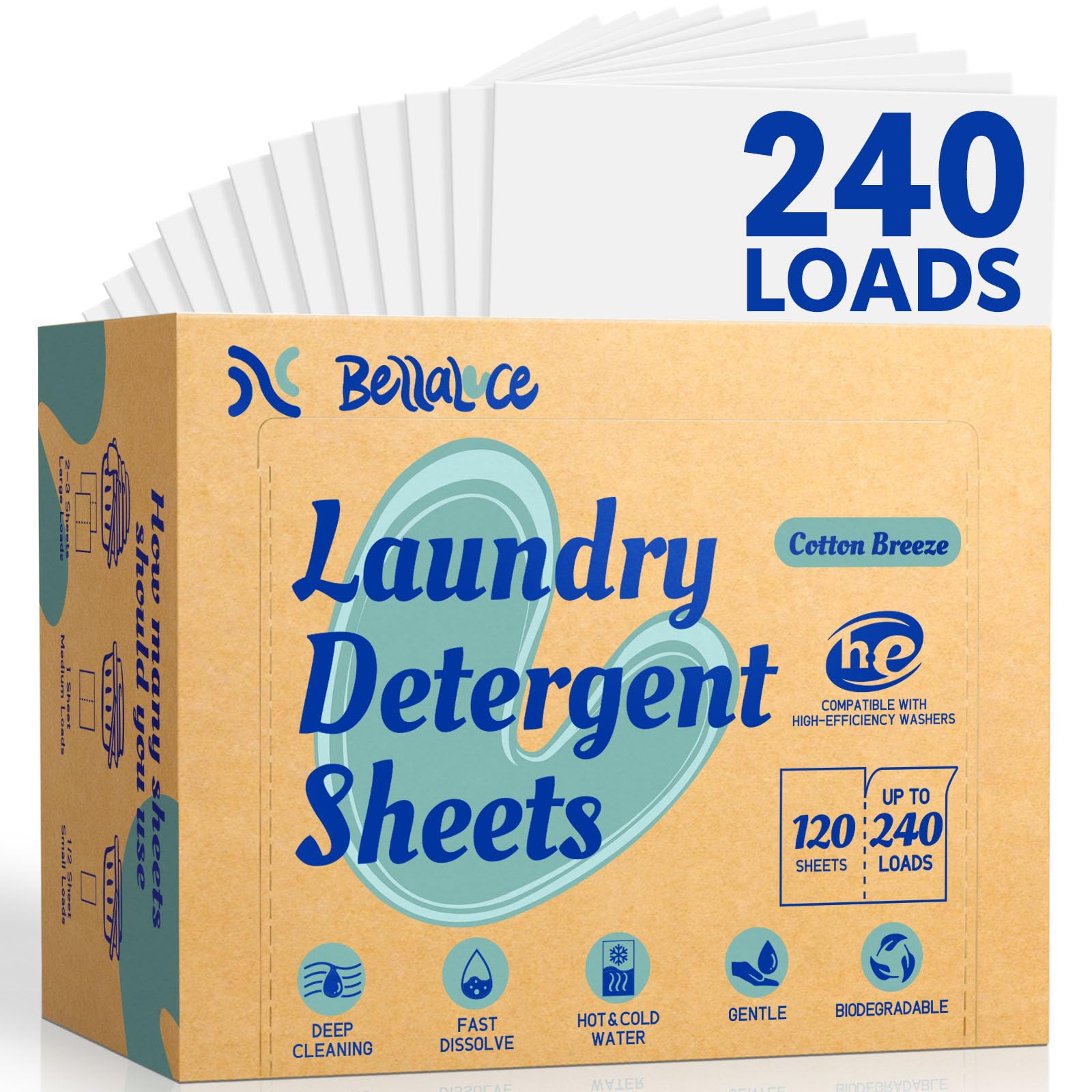 BellaLuce Laundry Detergent Sheets, Fresh Scent, 240 Loads
