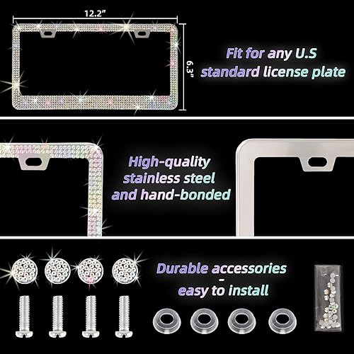 Miniatura 2 de Marco de matrícula brillante con caja de regalo, paquete de 2 marcos de matrícula de diamantes de imitación, hecho a mano, soporte para placa de
