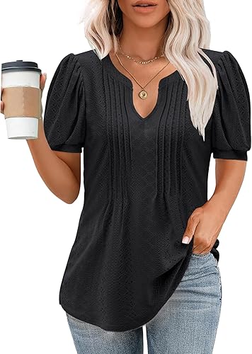 Micoson Blusa de verano de manga corta para mujer, blusa tipo túnica con ojales, cuello en V, manga abombada, plisada