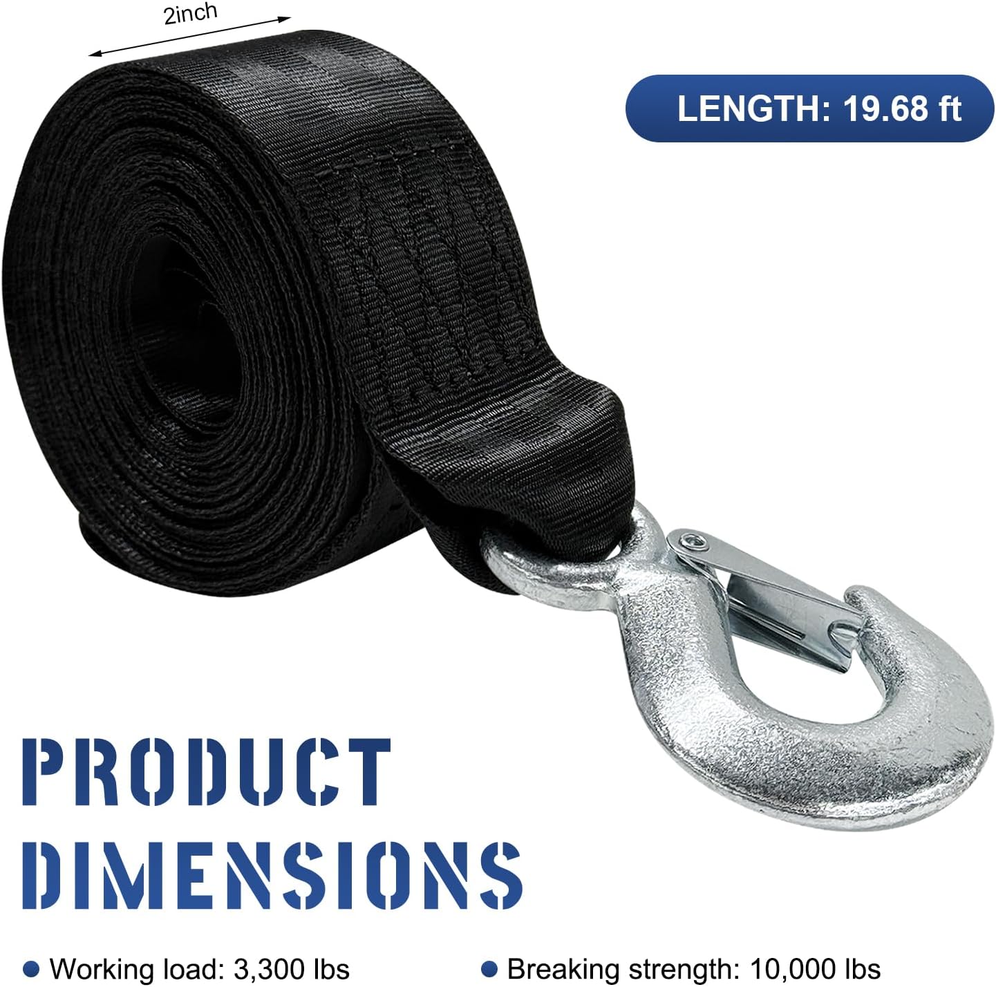 Trailer Winch Strap, 2" x 19.7' 10000 lbs Hand Crank Strap Replacement with Safety Snap Hook, Heavy Duty Strengthened Polyester Emergency Towing Rope for Truck SUV Boat