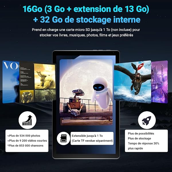 Laptok Android 15 Tablette 10 Pouces avec 32 Go ROM+1 to TF, 5000 mAh, WiFi 6, Bluetooth 5.4, Tablette Tactile avec étuis de Protection pour Souris, Clavier et Casque (Noir) - 5