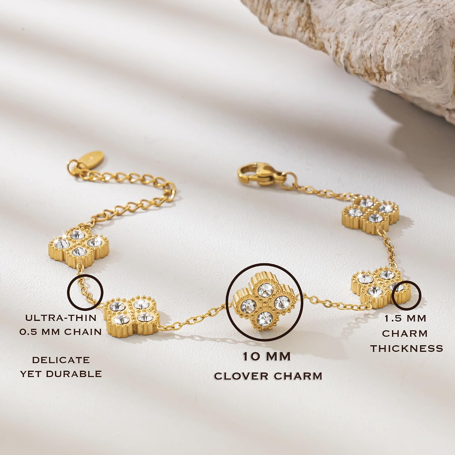 Ruvel Waterproof 18K Gold Plated Four Leaf Clover Flower Bracelet for Women – 316L Stainless Steel Link Chain Bracelet with Cubic Zirconia, Non Tarnish Stackable Lucky Jewelry Gift