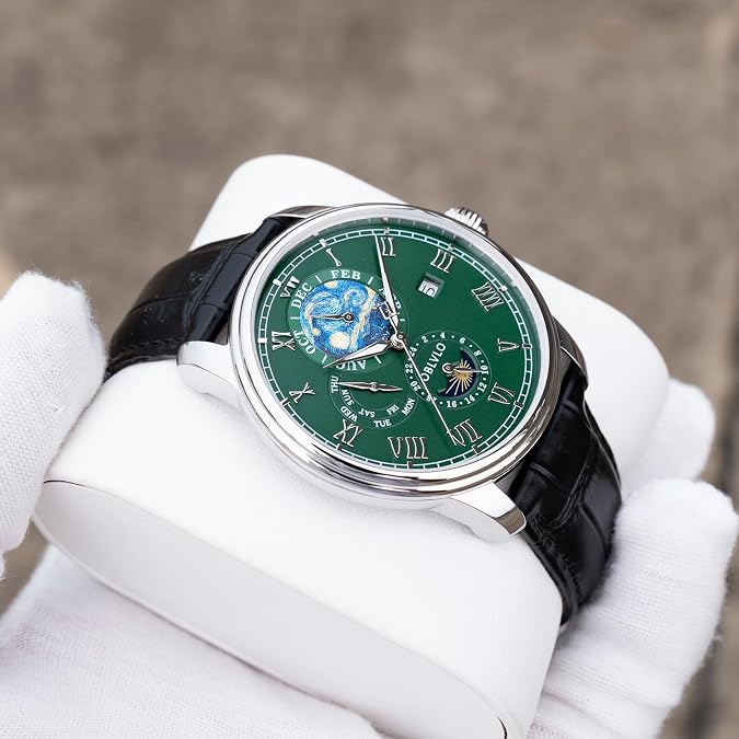 OBLVLO Fashion Mechanical Watch with Starry Star Moonphase Leather Strap Roman Numerals Automatic Complete Calendar AM-FG