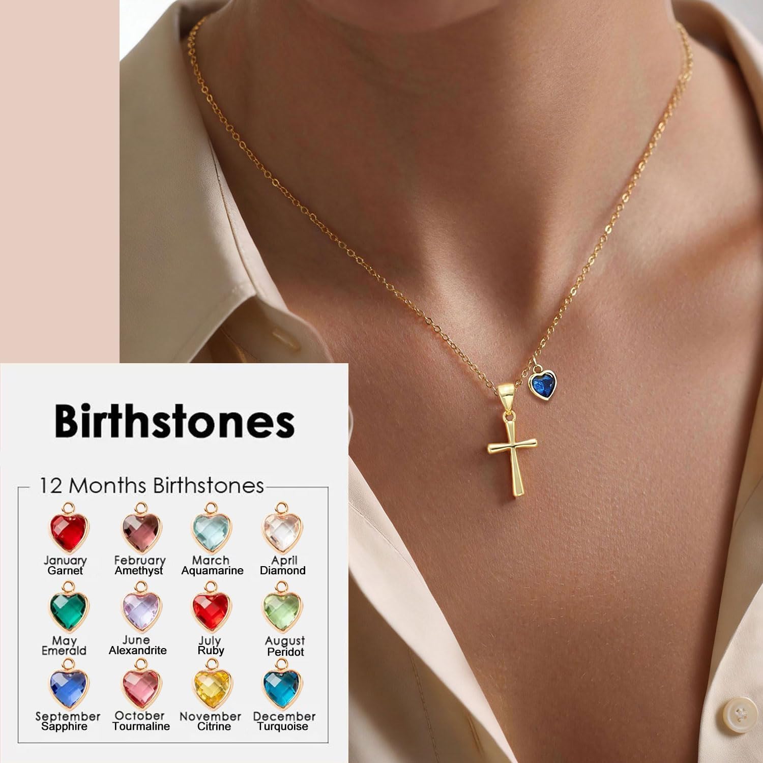 Happy Birthday Cross Necklace Gifts for Girls Kids Women, Heart Birthstone Necklace 14K Gold Plated Cross Pendant Jewelry - Image 3