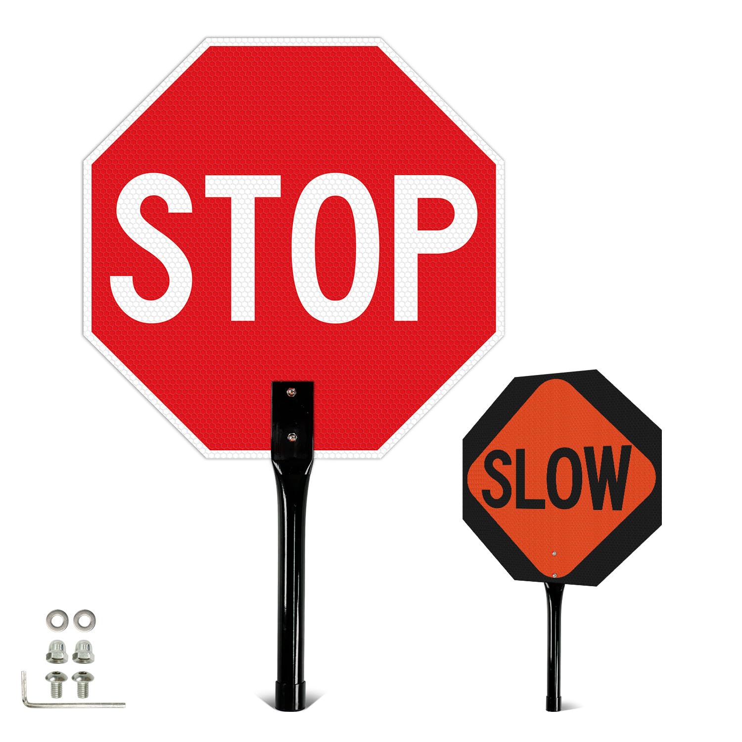 T&R (1 Pack) Stop Slow Sign with Handle, 13 x 13 Inches Double Sided Stop/Slow Traffic Sign, Rust Free Aluminum Reflective, Weather Resistant, Waterproof, Fade Resistant, Easy to Mount(Orange) — Amazon image 10