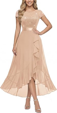 Miusol Womens Scoop Neck Sequined Floral Lace Ruffle Wedding Party Dress | Sequin lace, scoop neck, cap sleeve, ruffle design dress for cocktail party, wedding and formal