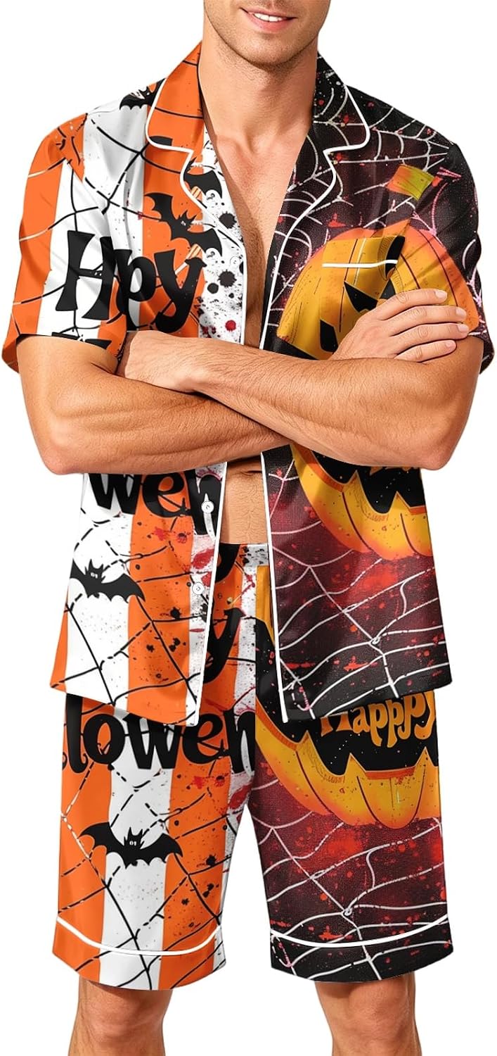 Halloween Satin Pajamas Mens 2 Piece Pjs Set Silk Short Pants Loungewear