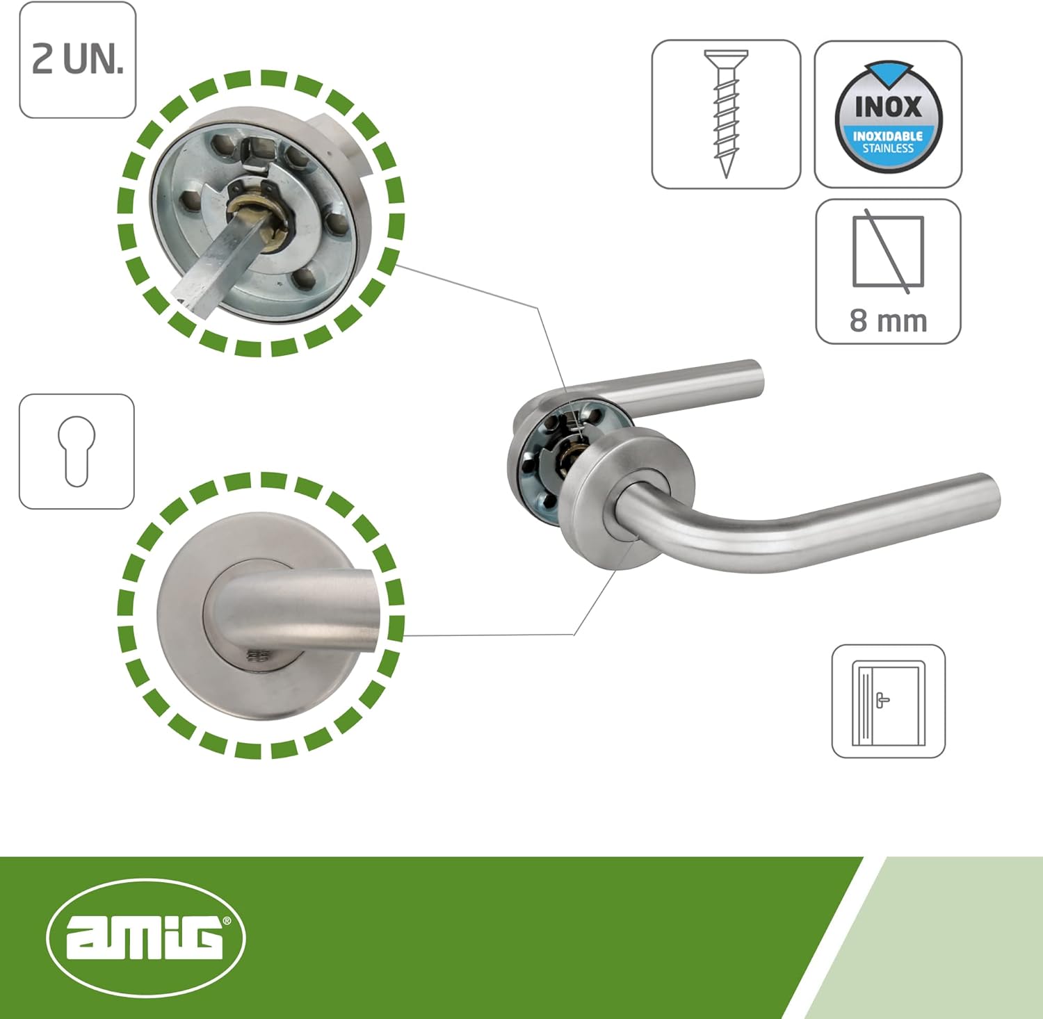 Exploded view diagram of Amig 4RBX door handle installation, showing components and assembly order.
