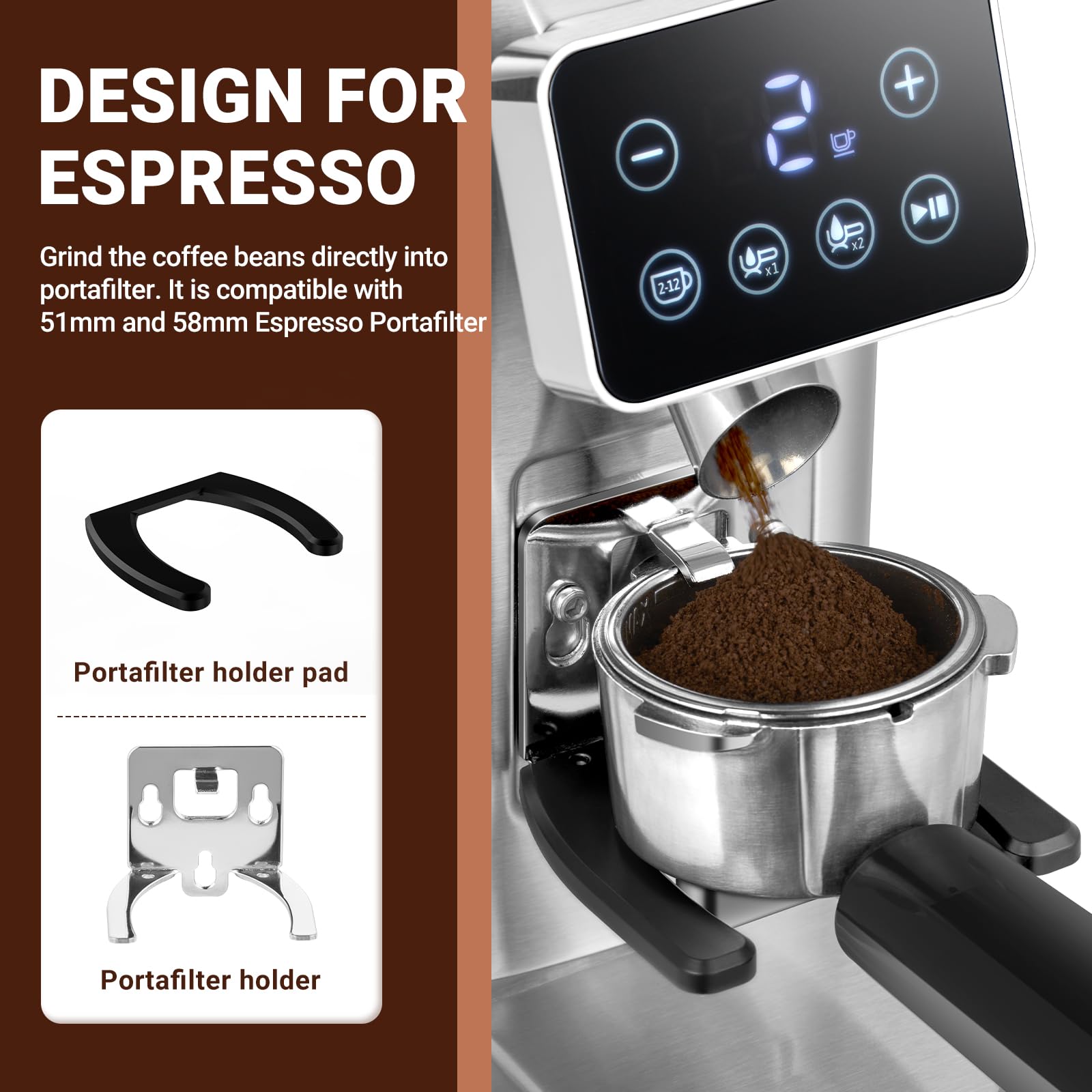 AMZCHEF Elektryczny młynek do kawy ze zdejmowanym uchwytem na sitko i pojemnik, młynek do kawy, z 24 stopniami mielenia, regulowany do espresso/Drip/Pour Over/Cold Brew/French Press