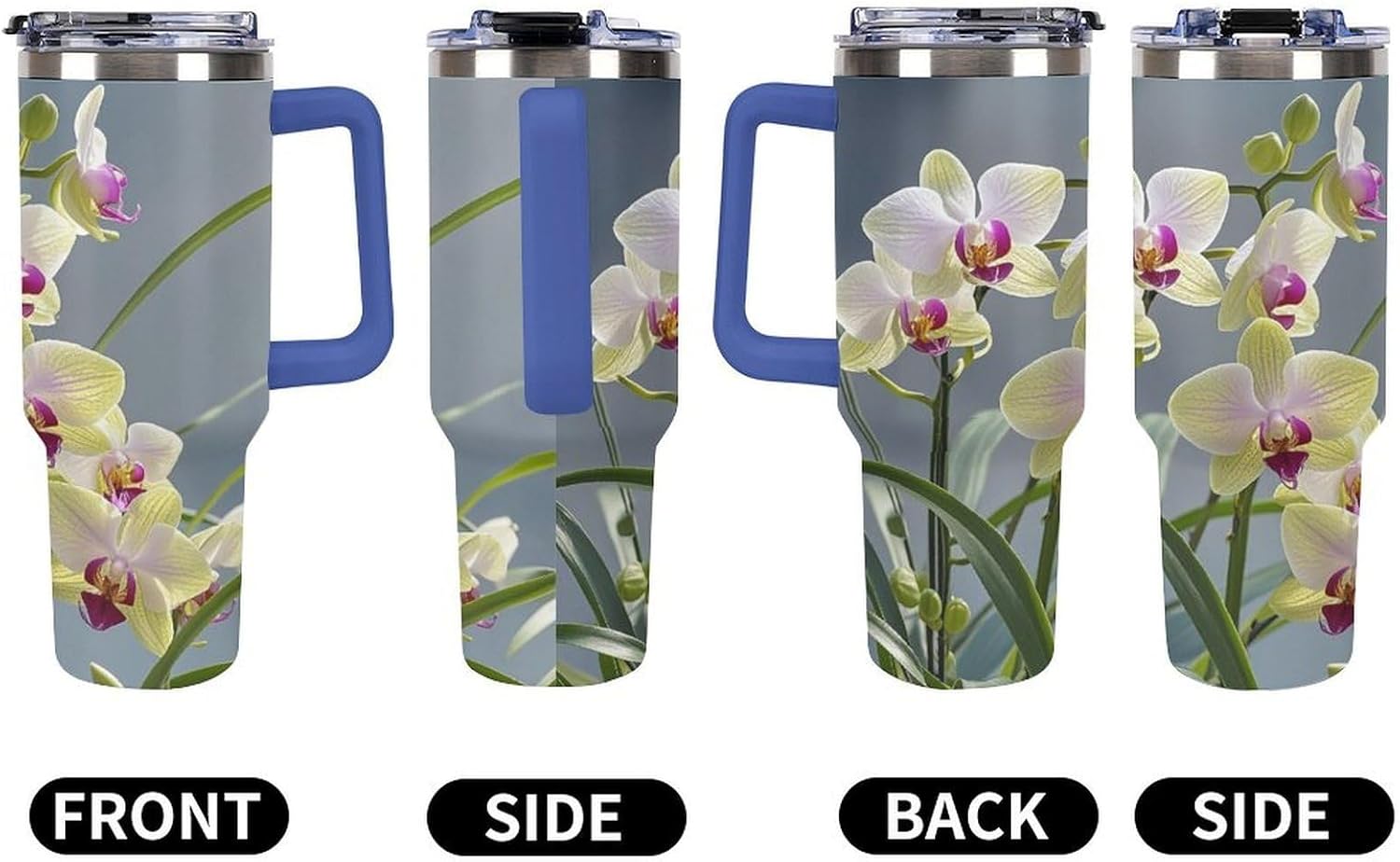 Colorful Orchids Flower Tumbler 40 Oz with Handle&Lid Large Car Cup Stainless Steel Vacuum Travel Mug Insulated Water Bottle Leak-proof Portable Coffee Cup for Home Car Outdoor