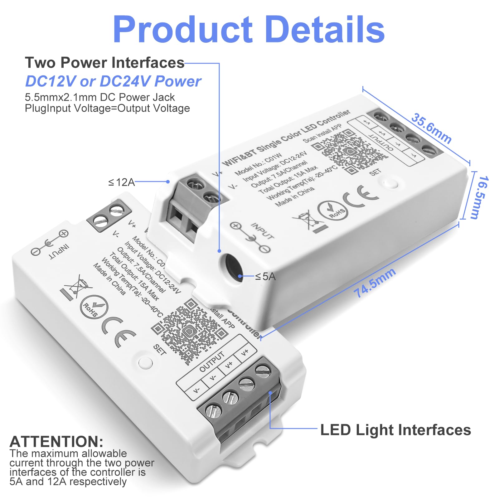 C01W Contrôleur Wifi LED,Commande Vocale/App Tuya/Smart Life,Remote LM091,LM096,LM007,LM097,Timer,12V-24V Contrôleur de Gradateur LED pour Bandes LED COB SMD 3014,5730,3528(Couleur unique)