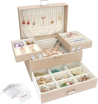 Jewellery Box Organiser, 3 Layer PU Leather Jewellery Case, Large Jewellery Organiser with Drawer, Jewellery Storage Case for Necklaces Earrings Bracelets and Rings, Beige