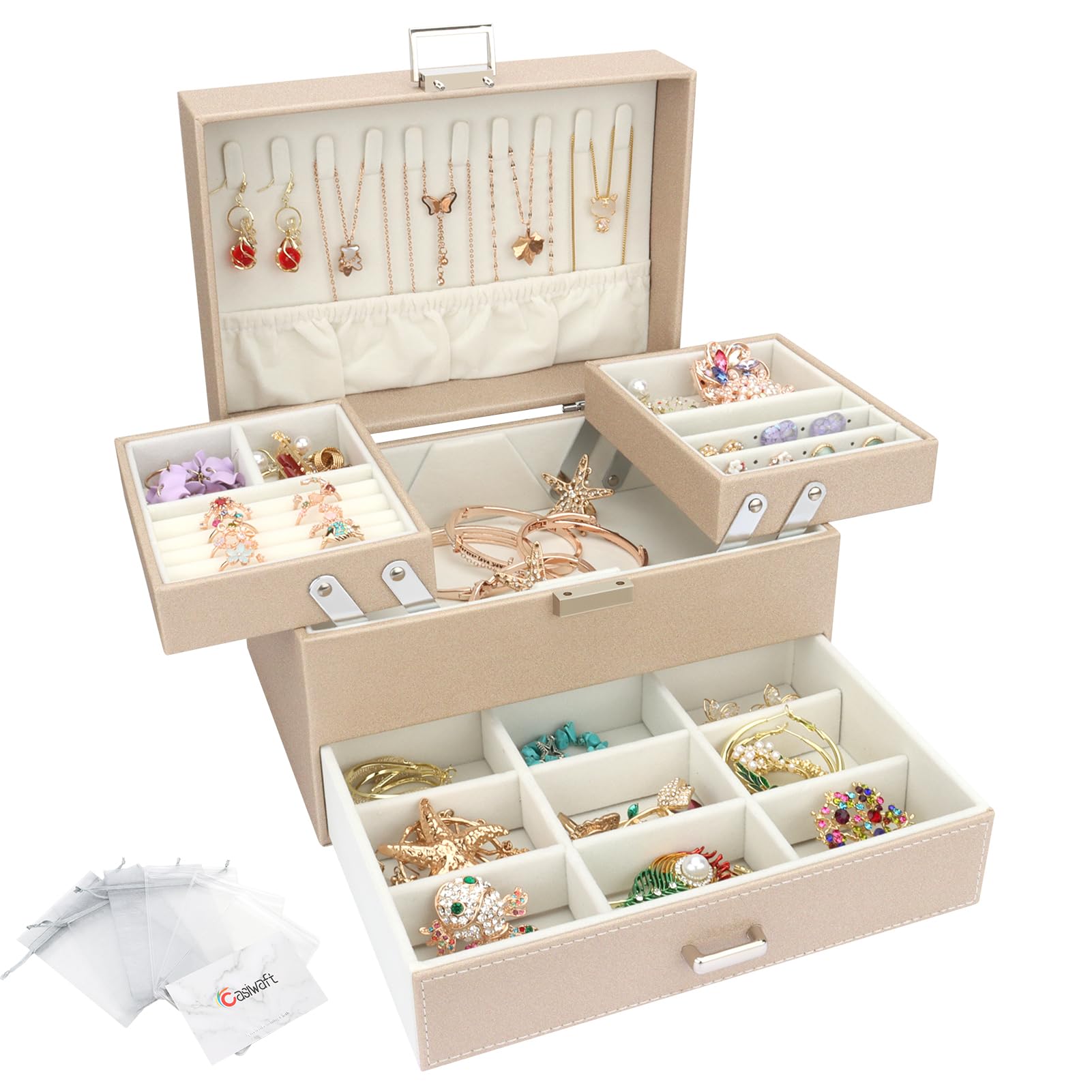 Mtianxy Portagioie da Donna, Portagioie in PU-Cuoio, Scatola Portagioie in Velluto con Chiave per Donne, per Anelli, Orecchini, Bracciali - Organizzatore Gioielli (Verde