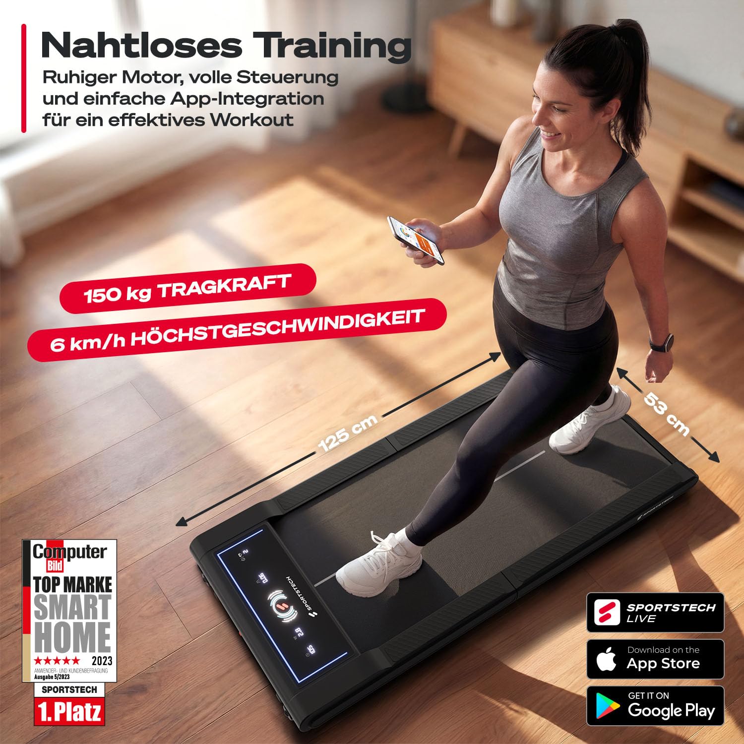 Sportstech Walking Pad sWalk Fold, Laufband für Zuhause Klappbar mit LED-Beleuchtung, App-Steuerung, bis 6 km/h, kompakt mit Transportrollen, leises Treadmill, Home Office & Schreibtisch, bis 150 kg