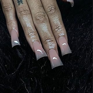 Press on Nails Duck Shape Glossy Full Cover Medium Acrylic Nude False Nails with Designs Artificial Duck Fake Nails with Charms Glue ons Nails Stick on Fingernails for Women Girls