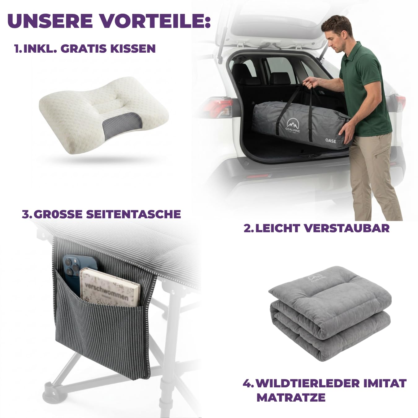 GOALPINE® OASE | Feldbett Groß mit Matratze [Wildtierleder Imitat] & Kissen | für Camping | klappbar | Campingbett XXL | als Gästebett und im Garten nutzbar | 1 Person bis zu 200 kg | extra breit