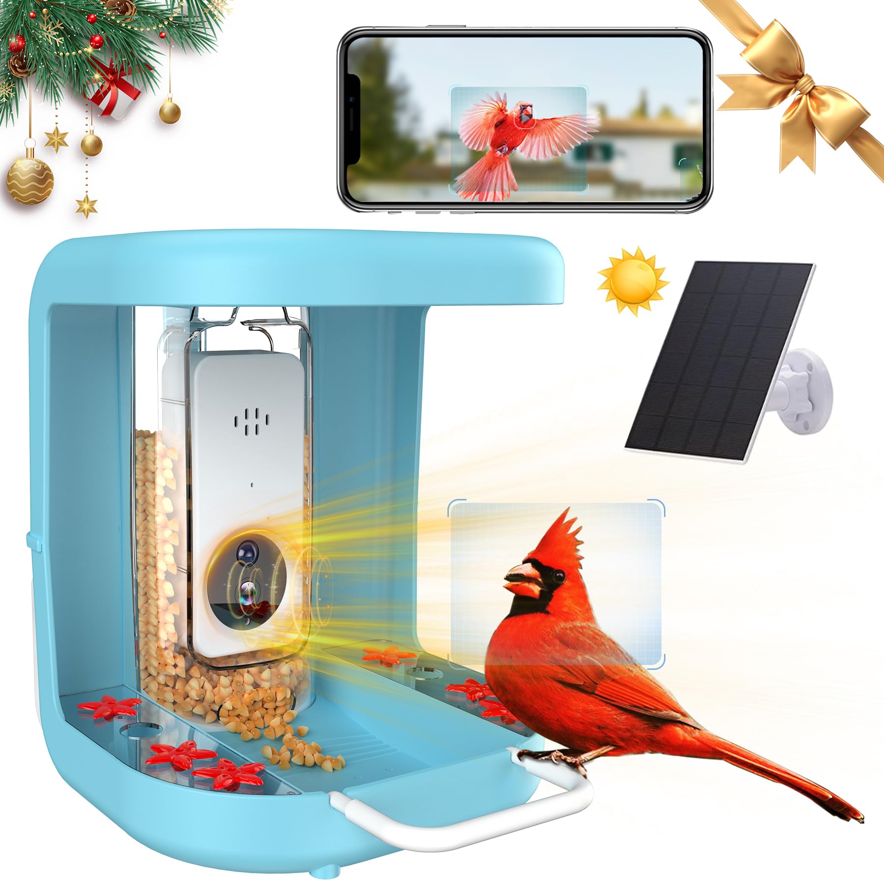 Comedero inteligente para pájaros con cámara, cámara de alimentación solar para pájaros, notificaciones en tiempo real, cámara de video en vivo HD 1296P, regalo ideal para los amantes de las