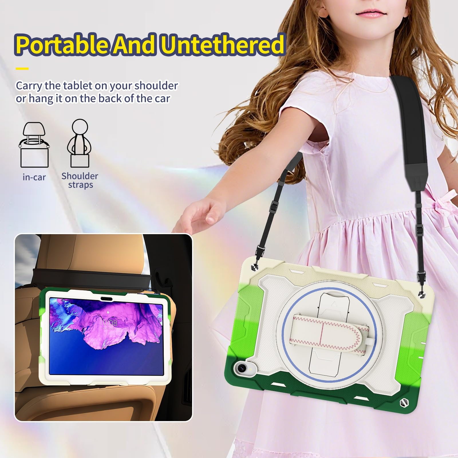 Odporna na wstrząsy obudowa do tabletu Lenovo Tab P11 2020 (TB-J606F) i Plus 2021 (TB-J616F/J607F), Etui dla dzieci, TPU z funkcją podstawki, wytrzymały pasek ochronny (Ye?il)