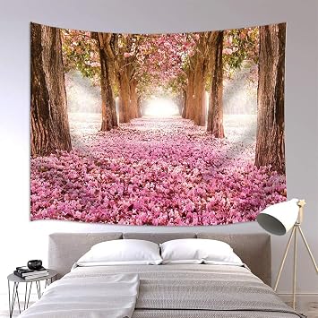 JAWO Pink Sakura Flower Tapestry Wall Hanging, Floral Cherry Blossom Tree in Spring Tapestries for Dorm Living Room Bedroom, Wall Blanket Beach Towels Home Decor 40X30 Inches