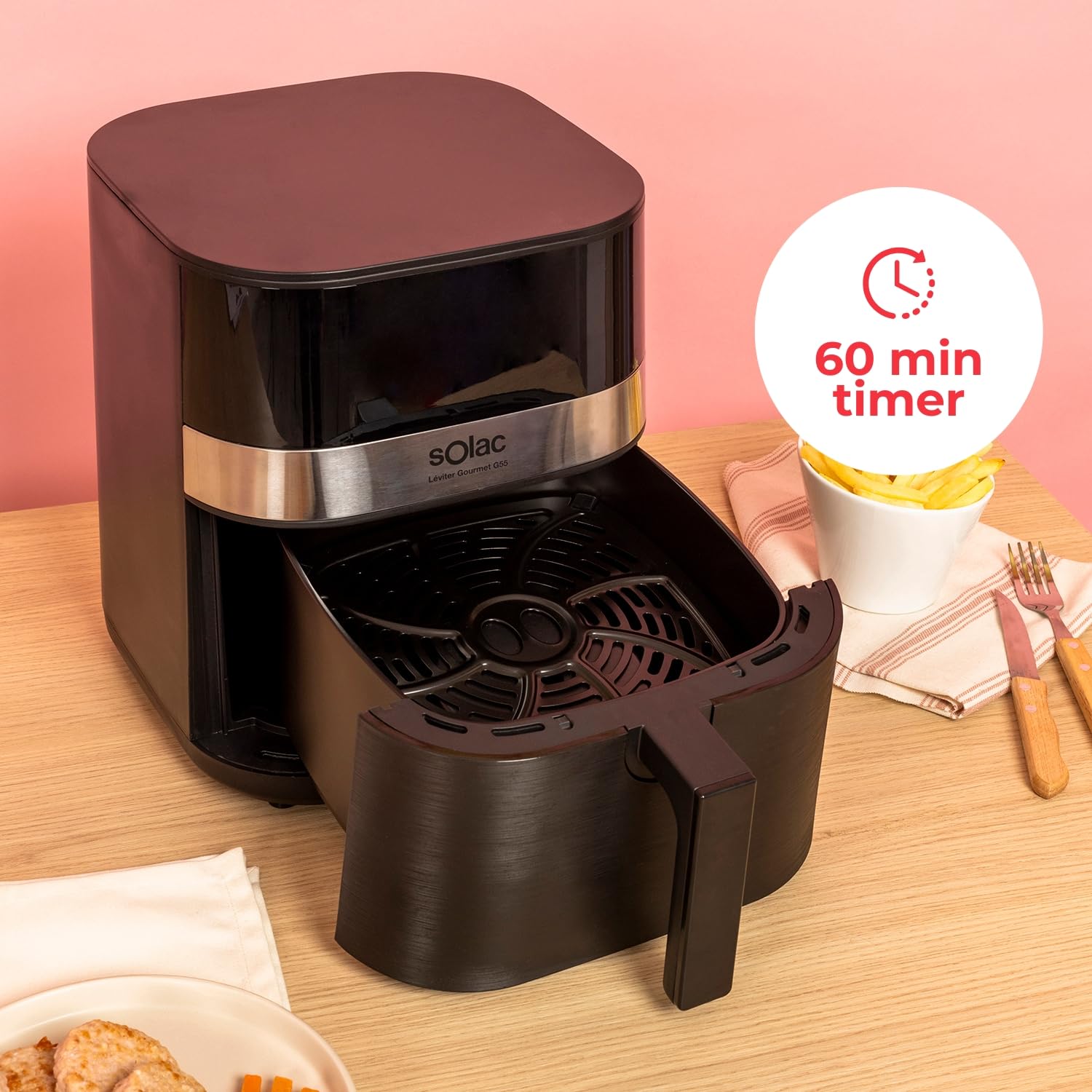 Solac Léviter Gourmet G55 frytkownica na gorące powietrze, 5,5 l, 8 programów, cyfrowy wyświetlacz, regulowana temperatura: 80–200°C, timer 60 min, metalowa strona wewnętrzna, nieprzywierająca powłoka